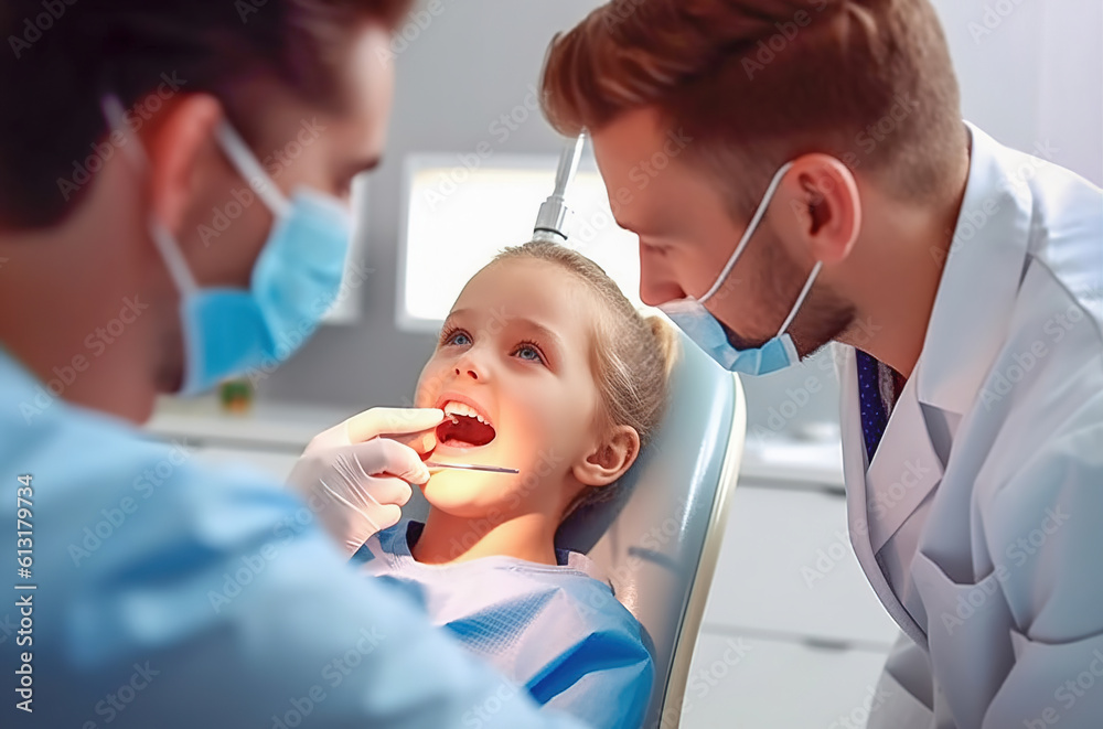 A male dentist examines a child's teeth in a dental office. Generative AI. A male dentist examines a child's teeth in a dental office. Generative AI.