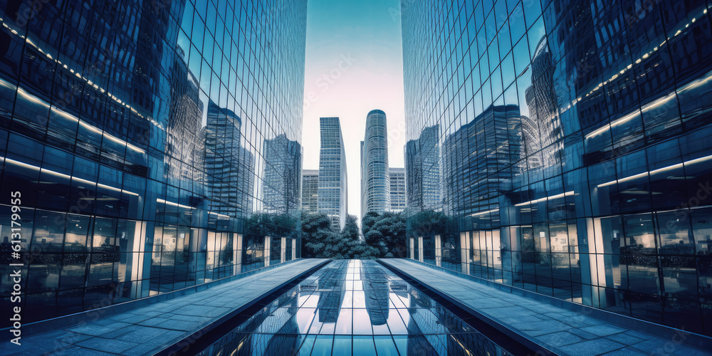 Fototapeta premium View of modern corporate office buildings. Generative AI