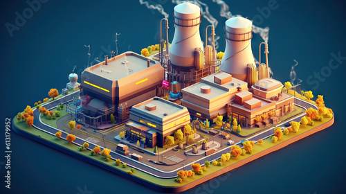 A 3D, 32-bit isometric anime-style representation of a nuclear power plant, combining unique aesthetics and technical elements.