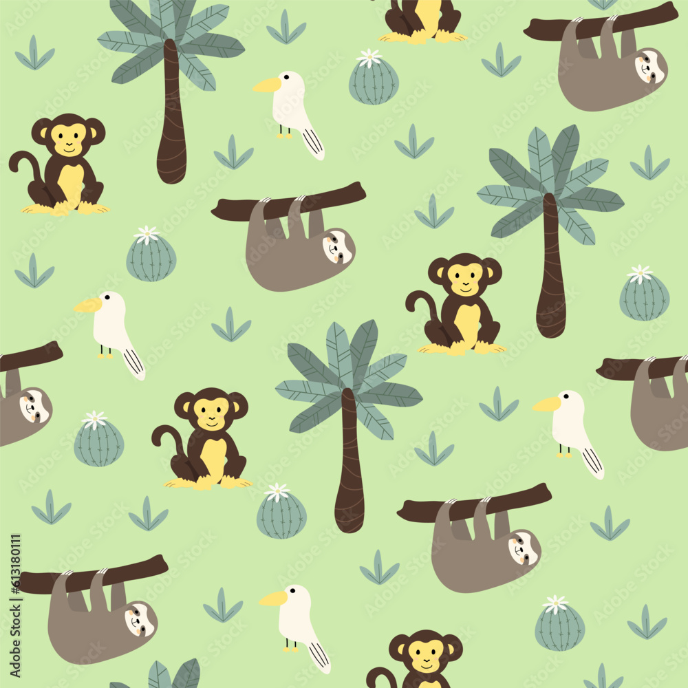Vector seamless pattern with monkey, parrot, sloth.Tropical jungle cartoon creatures.Pastel animals background.Cute natural pattern for fabric, childrens clothing,textiles,wrapping paper.