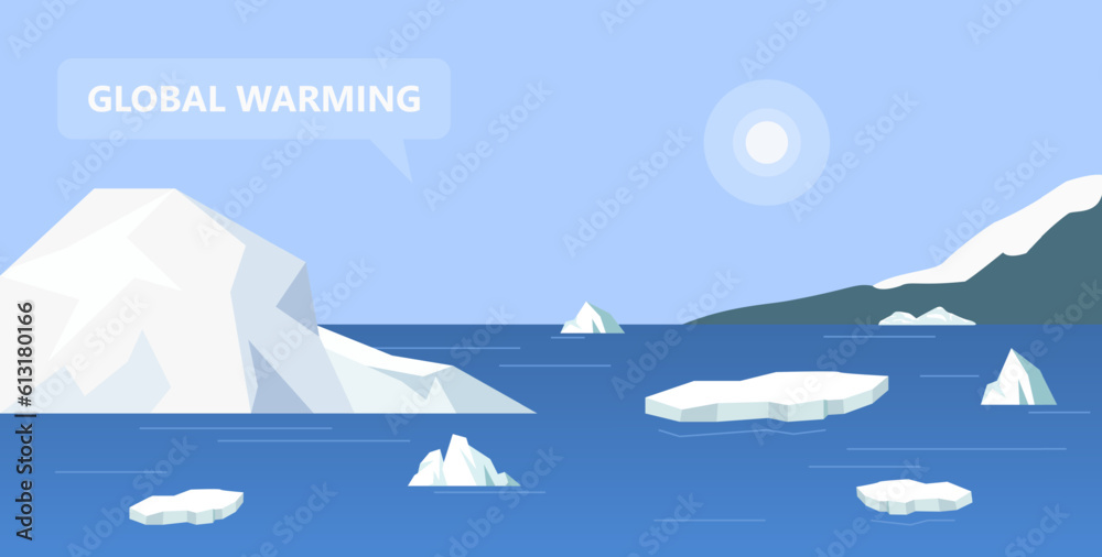 Ocean with melting glaciers or icebergs vector illustration. Cartoon