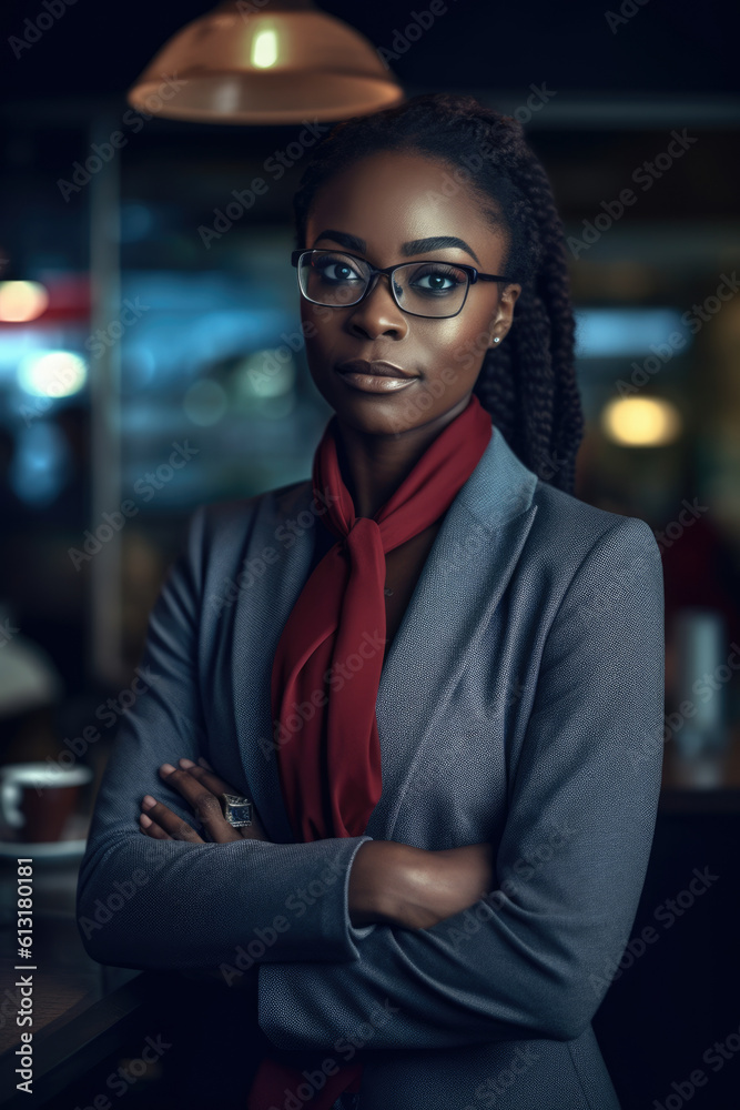 Bllack woman in a business suit standing in a confident pose. Woman's rights equality success of African-American people generative ai Bllack woman in a business suit standing in a confident pose. Woman's rights equality success of African-American people generative ai