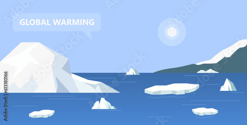 Ocean with melting glaciers or icebergs vector illustration. Cartoon drawing of ice floating on water, speech bubble with global warming text. Climate change, environment, ecology concept