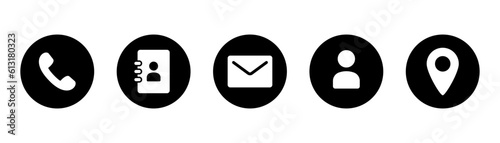 Contact us icon set. Support icons. Contact icon in circle. Phone symbol. Location pointer in black. Phone book symbol