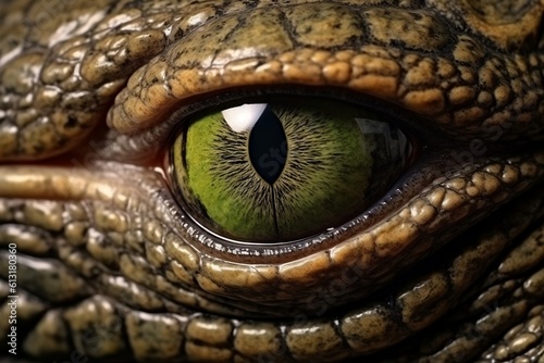 Close-up of a crocodile's eye, resembling a dinosaur, Generative Ai