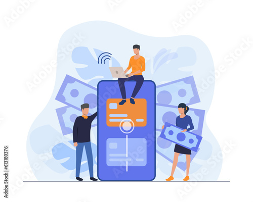 Tiny people using different payment options vector illustration. Buyers with cash and laptop, smartphone screen with credit card information. Finance transactions, payment method, banking concept