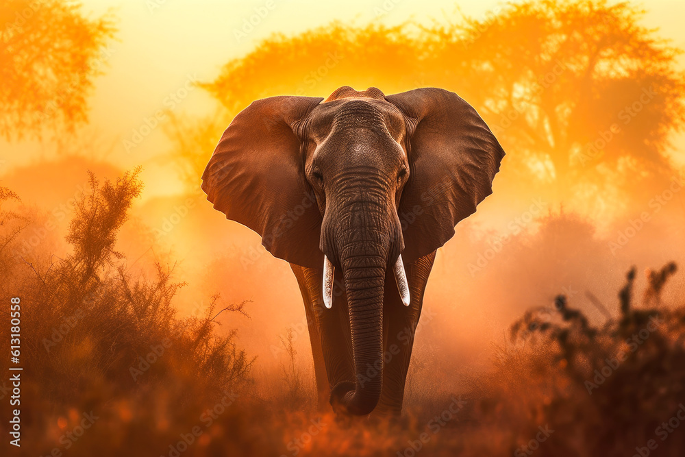 Obraz premium Elephant sunrise. Image of an elephant at sunrise or sunset. generative ai