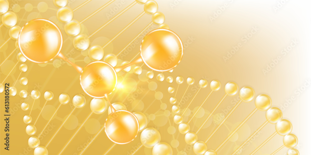 Obraz premium Hyaluronic acid hair and skin solutions ad, gold collagen serum drop with cosmetic advertising background ready to use, illustration vector. 