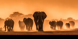 Elephant herd in the sunset, generative ai