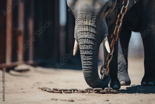 Heavy chain on elephant leg, Lack of freedom concept, generative ai