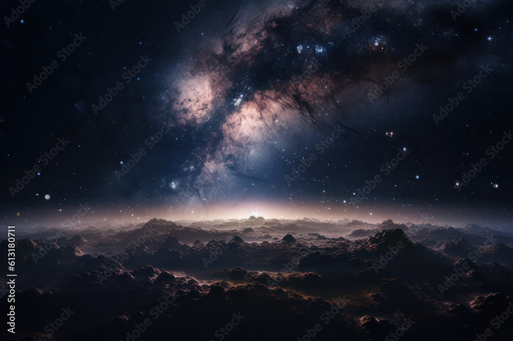 Starry sky at night over the mountains. AI generative.