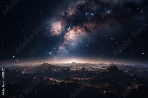 Starry sky at night over the mountains. AI generative.