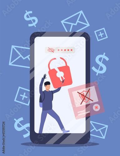 Thief breaking lock on smartphone screen vector illustration. Hacker attack on personal and corporate messages, data, finance and accounts. Cyber attack, cybersecurity, data protection concept