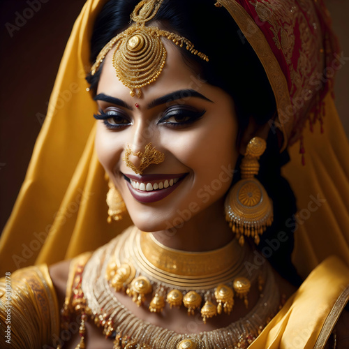 Indian bride, adorned in resplendent gold jewelry