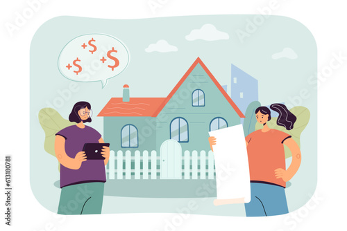 Confused women planning budget vector illustration. Cartoon drawing of married couple counting bills, budget or expenses management. Household spending, finances, budget, economy concept