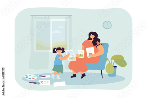 Happy daughter showing pictures to mother vector illustration. Little girl drawing nature and woman in armchair supporting and taking care of her. Family, quality time, parenthood concept