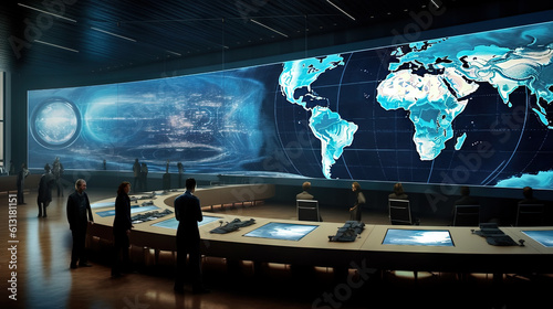 In a high-security operations center  an oversized promotional LED screen displays a blueprint of the world  showcasing advanced technology and global strategy