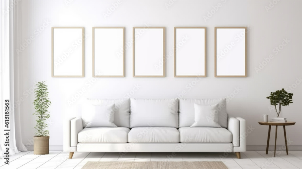 Blank picture frame mockup on white wall in living room, generative ai