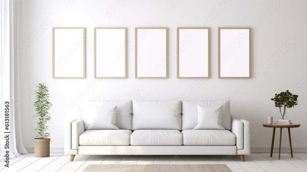 Blank picture frame mockup on white wall in living room, generative ai Blank picture frame mockup on white wall in living room, generative ai
