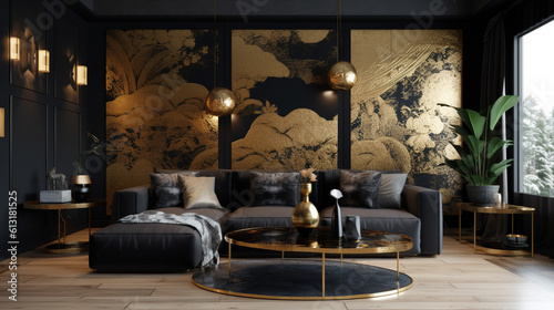 Luxury room design in black and gold colors, generative ai