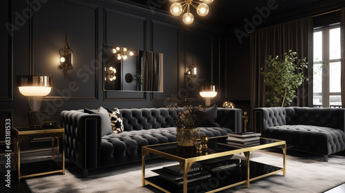 Luxury room design in black and gold colors, generative ai