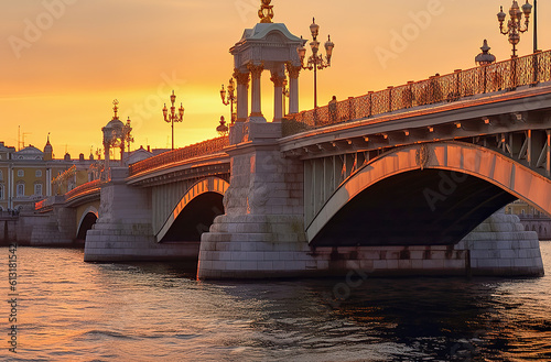 Illuminated bridge across the river at sunset. Generative AI