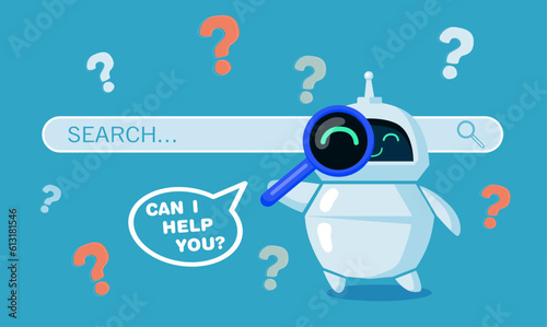 Search bar with funny comic robot vector illustration. Drawing of cute robotic character with magnifier, artificial intelligence for search engine. Technology, communication, information, AI concept