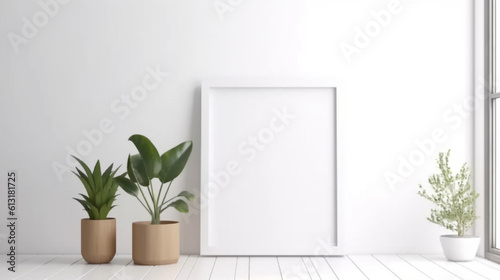 Empty vertical frame mockup in modern minimalist interior with plant  generative ai