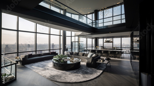 Living room design, penthouse with panoramic city view, generative ai