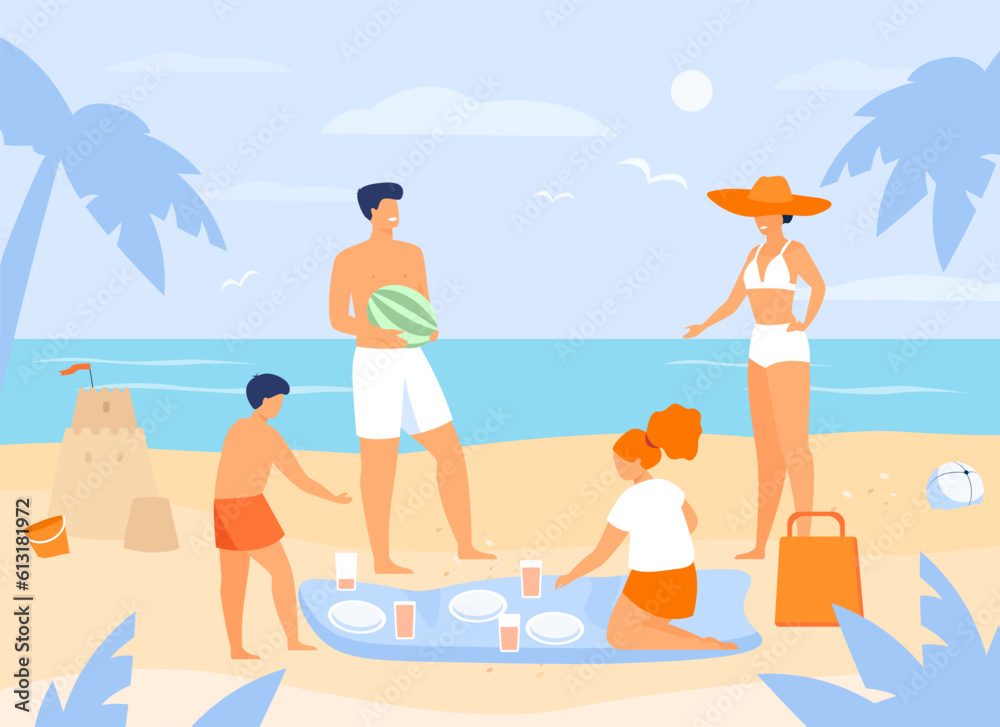 Happy family having picnic on beach vector illustration. Father holding watermelon, mother sunbathing and children drinking juice near sea. Travel, family reunion, tourism concept