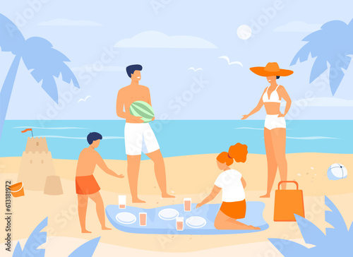Happy family having picnic on beach vector illustration. Father holding watermelon, mother sunbathing and children drinking juice near sea. Travel, family reunion, tourism concept