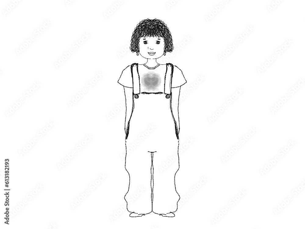 Drawing of girl curly hair wear overalls isolated Drawing of girl curly hair wear overalls isolated