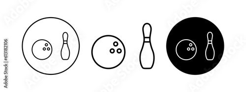 Modern illustration with black bowling. Vector icon set of bowling equipment.