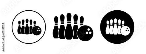 Modern illustration with black bowling. Vector icon set of bowling equipment.