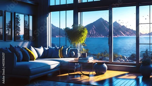modern living room with light blue sofa couch, luxury interior, animated virtual backgrounds, stream overlay loop, vtuber asset twitch zoom OBS screen,
