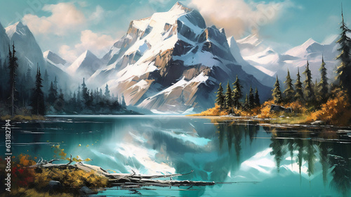 a breathtaking mountain range covered in snow with a crystal-clear lake, Generative AI
