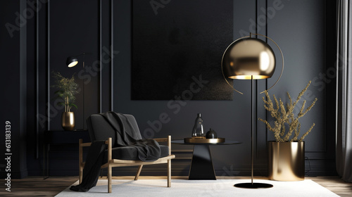 Luxury room design in black and gold colors, generative ai