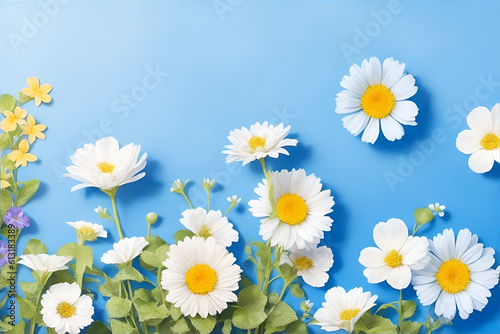 Photo summer flowers in sunny light on blue paper background. Generative AI