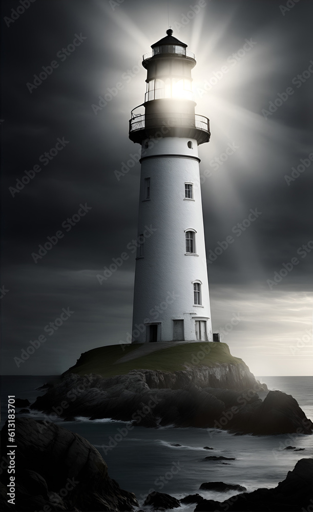 Lighthouse tower with beacon of light. Generative AI