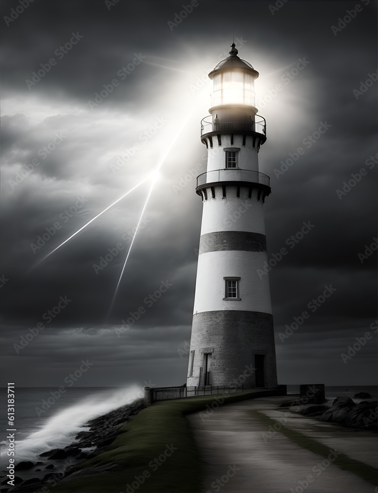 Lighthouse tower with beacon of light. Generative AI