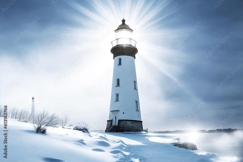Lighthouse tower with beacon of light. Generative AI Lighthouse tower with beacon of light. Generative AI