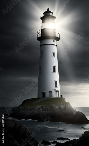 Lighthouse tower with beacon of light. Generative AI