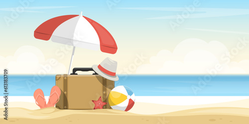 Scene cartoon sea beach, Old suitcase with hat, ball, shoe, umbrella on sand beach, Digital marketing illustration.