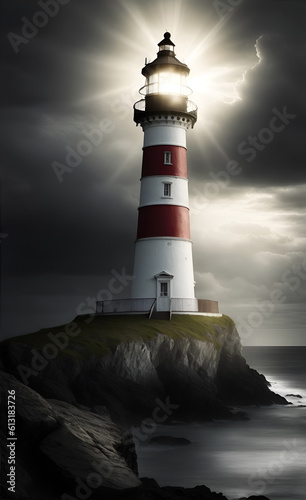 Lighthouse tower with beacon of light. Generative AI