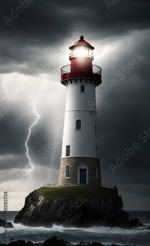 Lighthouse tower with beacon of light. Generative AI © wolfhound911