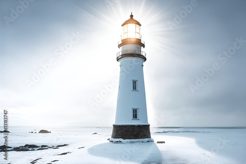 Lighthouse tower with beacon of light. Generative AI © wolfhound911