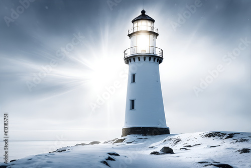Lighthouse tower with beacon of light. Generative AI © wolfhound911