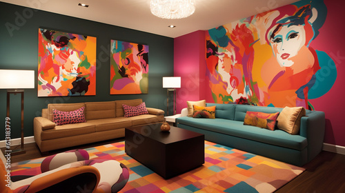 Modern artistic room design with pictures on wall, generative ai