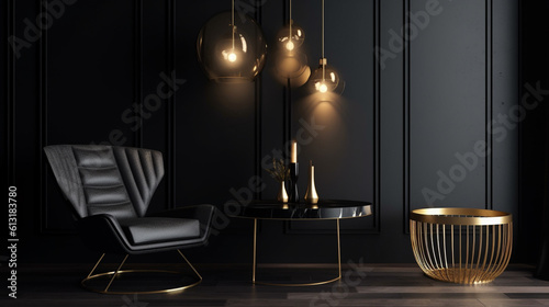 Luxury room design in black and gold colors, generative ai