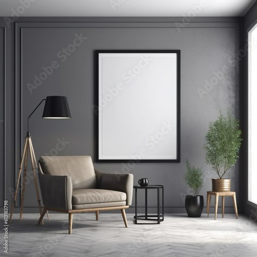 Empty vertical frame mockup in modern minimalist office interior, generative ai